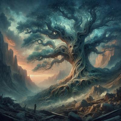 The primary subject of the image is a large, gnarled tree with a long trunk and many branches. The tree is situated in a rocky, mountainous landscape, with a sky background. The visual style of the image is a digital art or illustration, creating a surreal and fantastical atmosphere. The dominant colors in the image are shades of blue, green, and brown, which contribute to the overall mood of the scene.